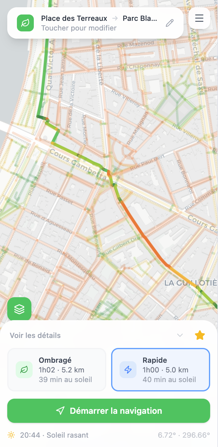 Carte avec itinéraires ombragés